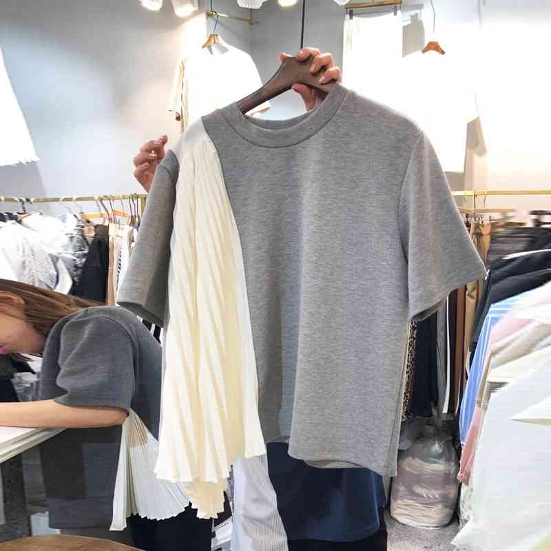 VANOVICH Korea's Spring Summer Women Loose Irregular Stitching Pleated Round Collar T-shirt Women's Top 210615Z