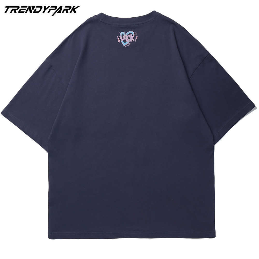 Men's Luck T-shirt Summer Short Sleeve Reflector Embroidery Tee Hip Hop Oversized Cotton Casual Harajuku Streetwear Top Tshirts 210601