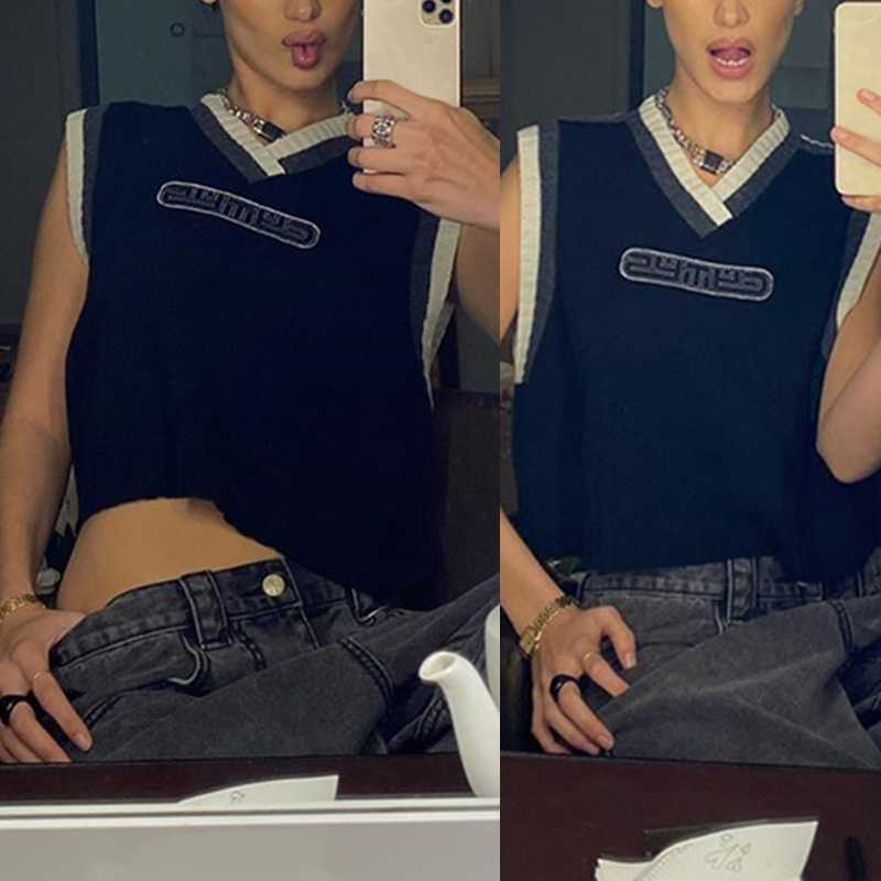 Women Retro Knitted Sleeveless Vest V-Neck Letters Print Loose Sweater Crop Top 210819