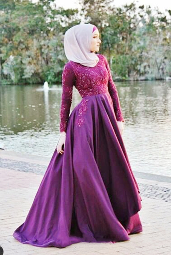 Modest Grape Muslim Kaftan Formal Evening Dresses With Pockets A Line Full Sleeve Long Prom Party Gowns Islamic Women Hijab Reception Dress Occasion