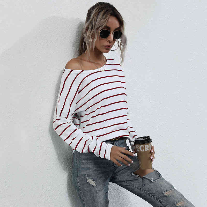 Basic Striped T Shirt Women Casual O Neck Full Sleeve Pullover Top Spring Bottoming T Shirt For Women New 210413