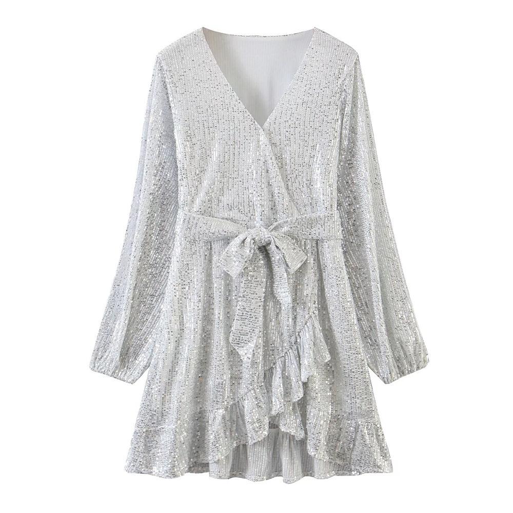 Autumn Ruffles Silver Sequins Wrap Dress Lacing up Waist Split Slim Fit Women Long sleeve Tea Dresses Bow Tide Vestido Party 210429