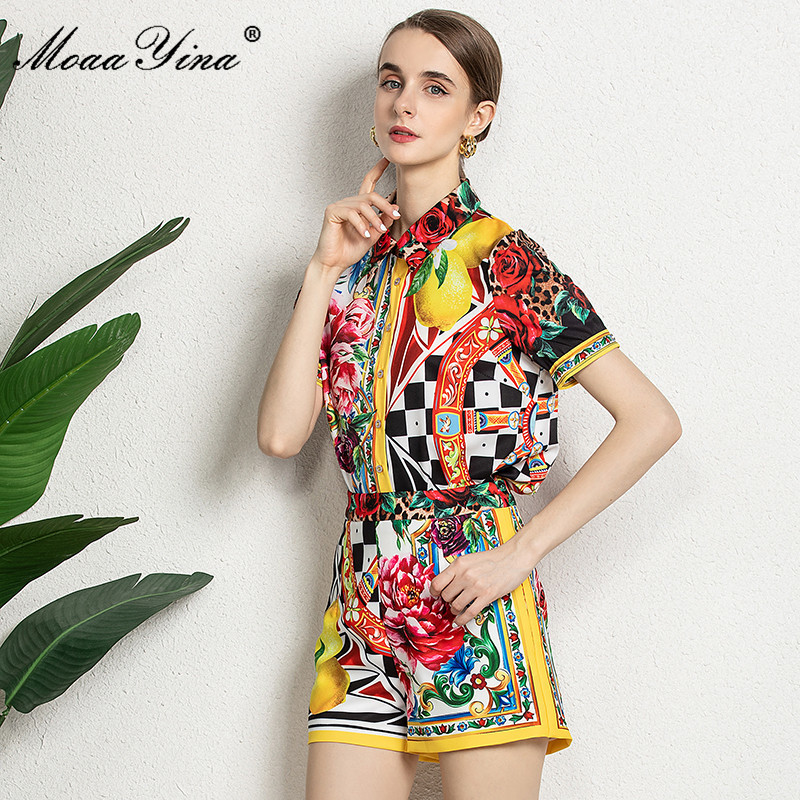 Fashion Runway Summer Two Piece Sets Women's Floral Print Loose Shirts and Shorts Suit 210524