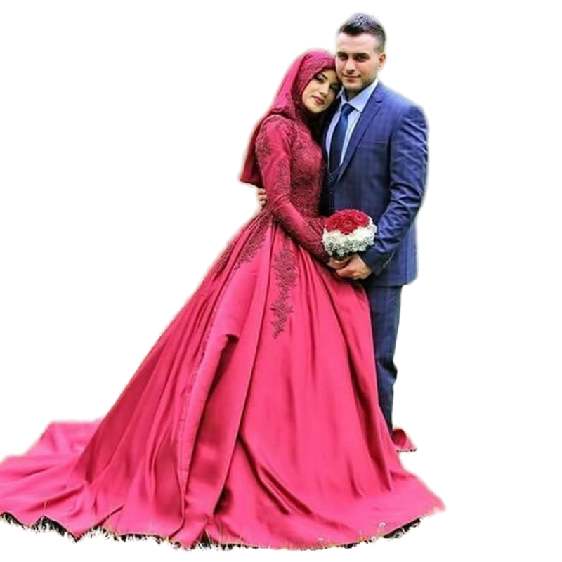 2022 Vintage Hijab Muslim Burgundy Wedding Dresses Bride Gowns Long Sleeves A Line High Neck Arabic Islamic Women Bridal Formal Reception Dress