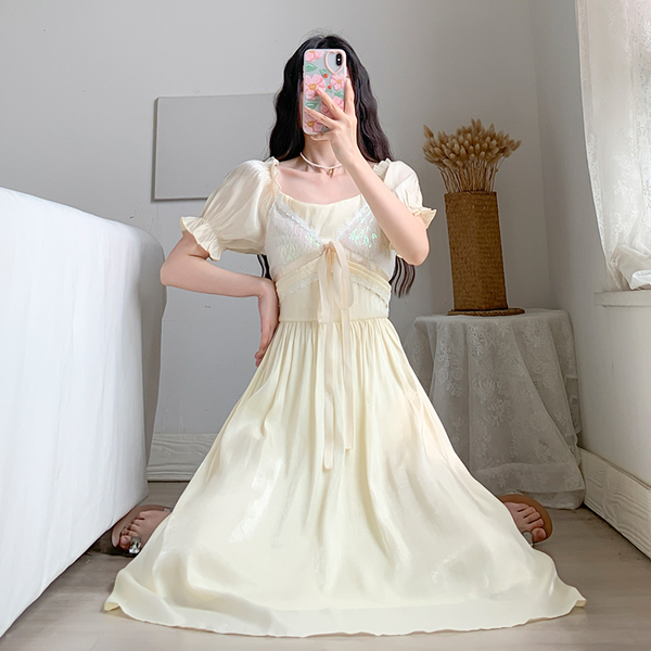 Women Dress Summer Elegant Korean Sweet Girls Bowknot Female Puff Sleeve High Waist Slim Party Vestido De Mujer 210519