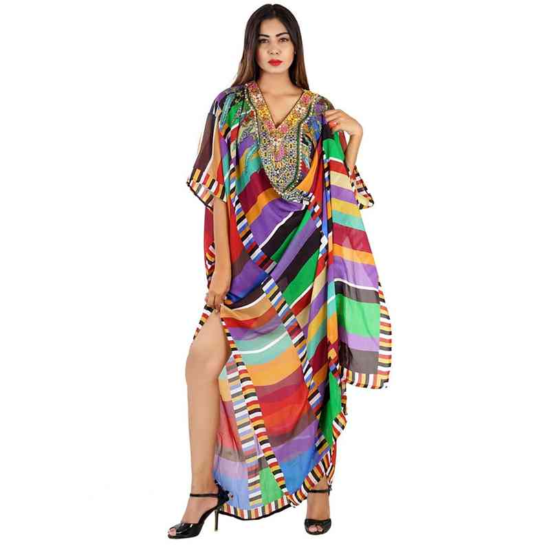 Kaftan Bikini Cover-ups Tunic Women Large Size Beach Wear Swim Suit Cover Up Bohemian Printed Loose Dress Q1084 210420