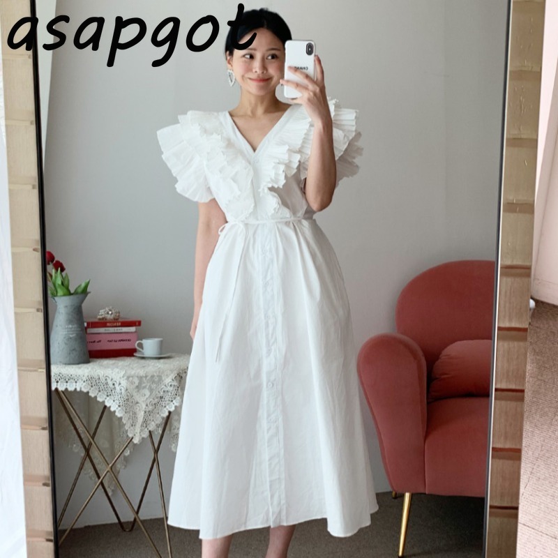 Chic Korean Elegant Sexy White V Neck Ruffles Sleeveless Big Swing Dress Single-breasted Heavy Pleated Lace-up Waist Casual 210429