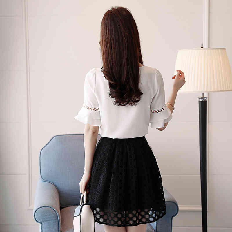 Women's Tunic Summer Short Sleeve Solid Color Elegant Bow Chiffon Blouse Women Office Lady V-neck White 8851 50 210427