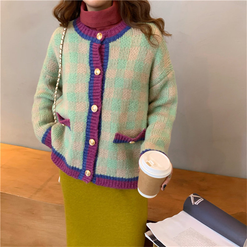 Color-Hit Vintage Girls Retro Autumn Chic All-Match Regular High Street Loose Cardigans Casual Knitted Sweaters 210421