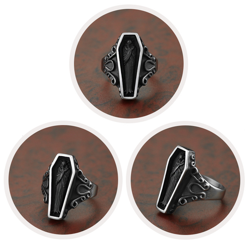 Vintage Men Stainless Steel Ring Portrait Vampire Coffin Ghost Gothic Punk for Male Boyfriend Gift