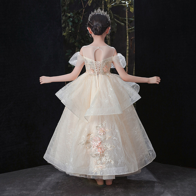 Champagne Girls Kids Wedding Flower Princess Party Pageant Dresses Sequins Appliques Girl Evening Dress Long Vestidos 403