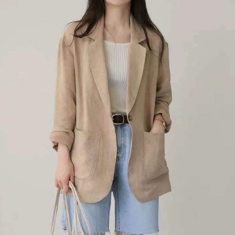 Women's Suits & Blazers Thin Loose Casual Jacket Wild Khaki Cotton And Linen Women Oversize Fashion Notched Long Sleeve Tops Retro OL, White;black 
Women's Suits & Blazers Thin Loose Casual Jacket Wild Khaki Cotton And Linen Women Oversize Fashion Notched Long Sleeve Tops Retro OL, White;black