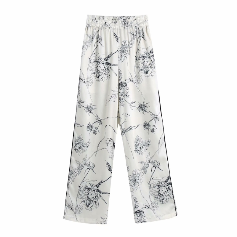 Spring Women Flower Printing Edge Piping Straight Pants Casual Lady Elastic Waist Loose Trousers P1982 210430