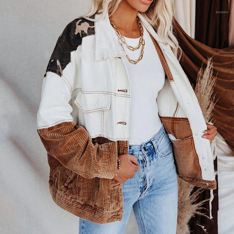 Women's Jackets For Women 2023 Denim Corduroy Camouflage Stitching Jacket Turn-dowm Lapel Vintage Cowgirl Coats Chaqueta Mujer