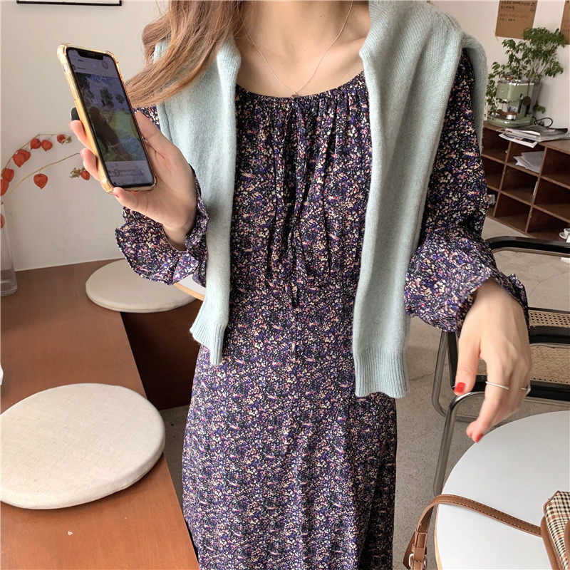 Spring Autumn Women Ladies Sleeve Boho Chiffon Floral Print Robe Medium Long T-Shirt Dress T0D22C 210416