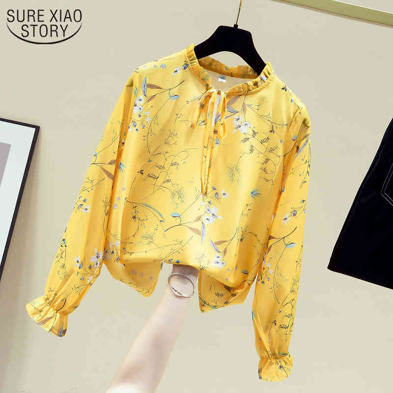 Print Shirt Long Sleeve Women Tops Autumn Floral Chiffon Blouse Casual Stand Collar Clothes Pullover 11147 210512