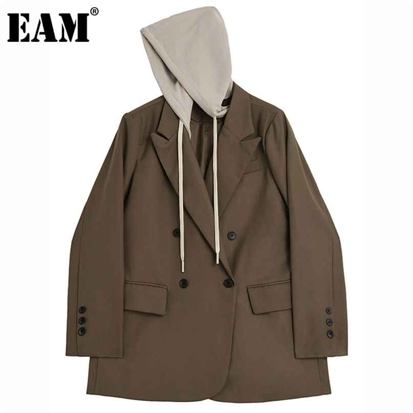 [EAM] Women Khaki Double Breasted Big Size Blazer Hooded Long Sleeve Loose Fit Jacket Fashion Spring Autumn 1DE3311 211122