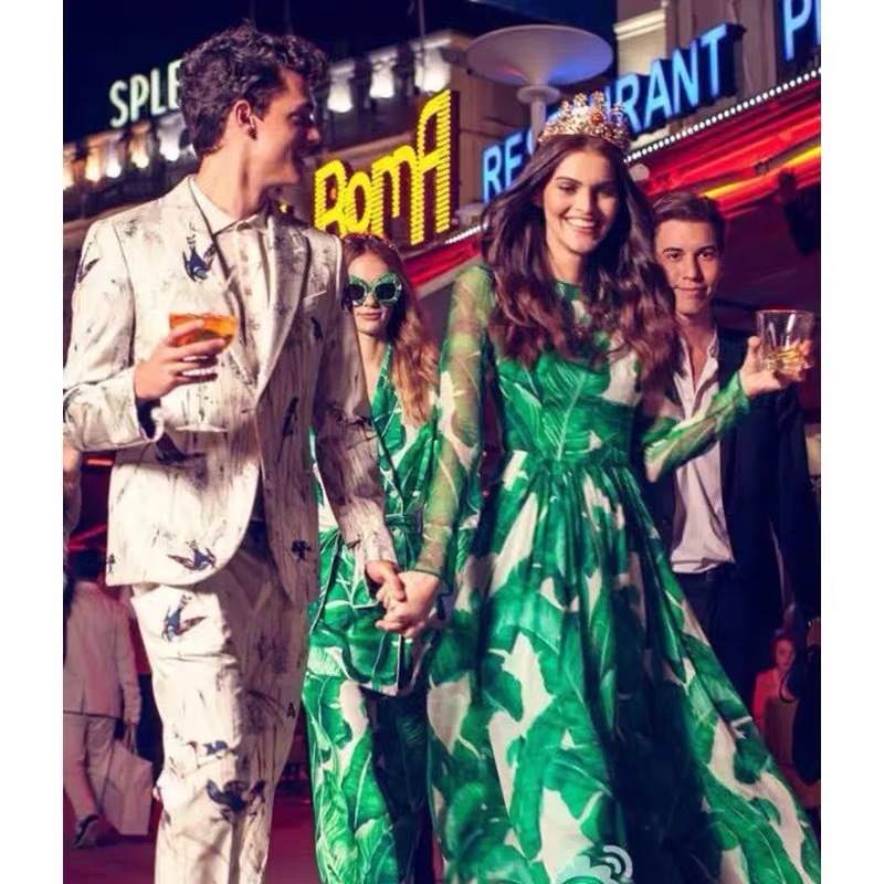 Summer Vacation Bohemian Long Beach Dresses Women Elegant Ruffles Sleeve Green Print Chiffon Maxi Dress Female 210421