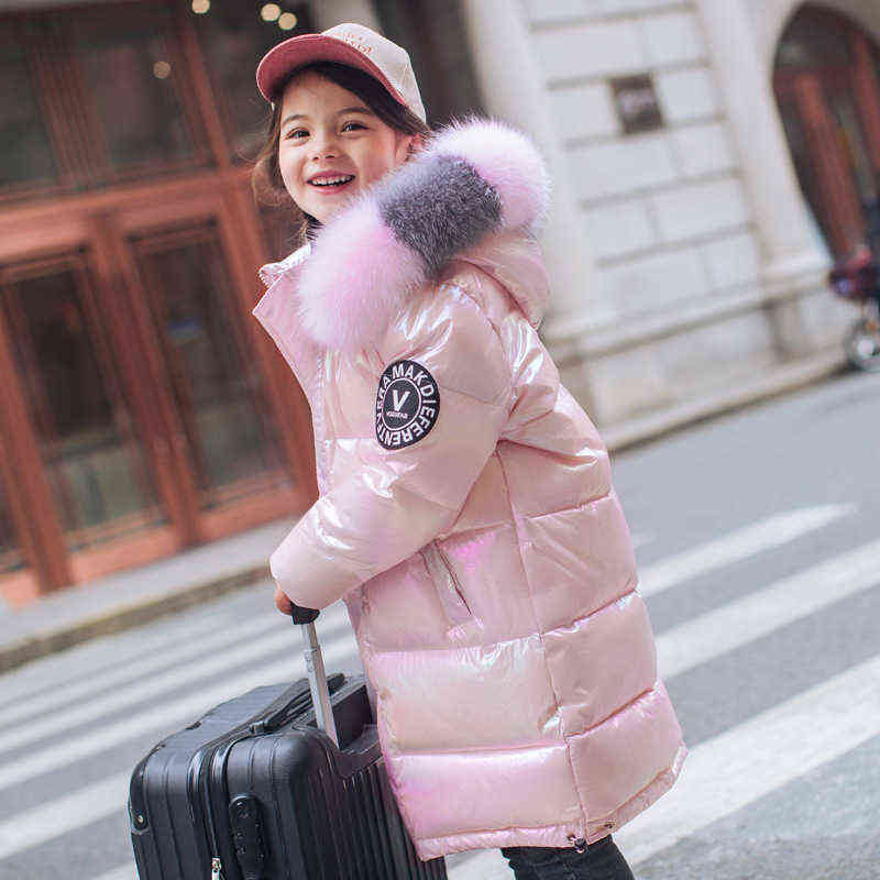 Winter Down Jacket For Girls Coat Waterproof Shiny Hooded Children Outerwear Clothing 5-14 Year Teenage Kids Parka Snowsuit 211111