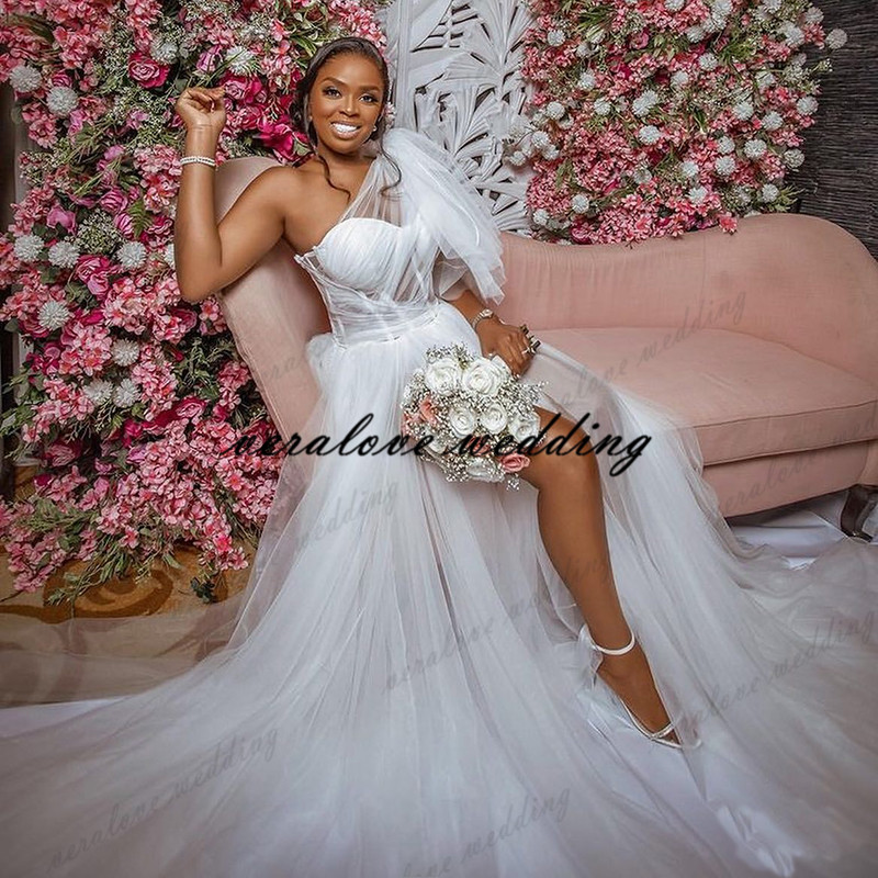 One Shoulder Beach Boho Wedding Dress 2021 Side Split Vestido de Noiva Tulle Sweep Train Princess Wedding Gowns for Russia