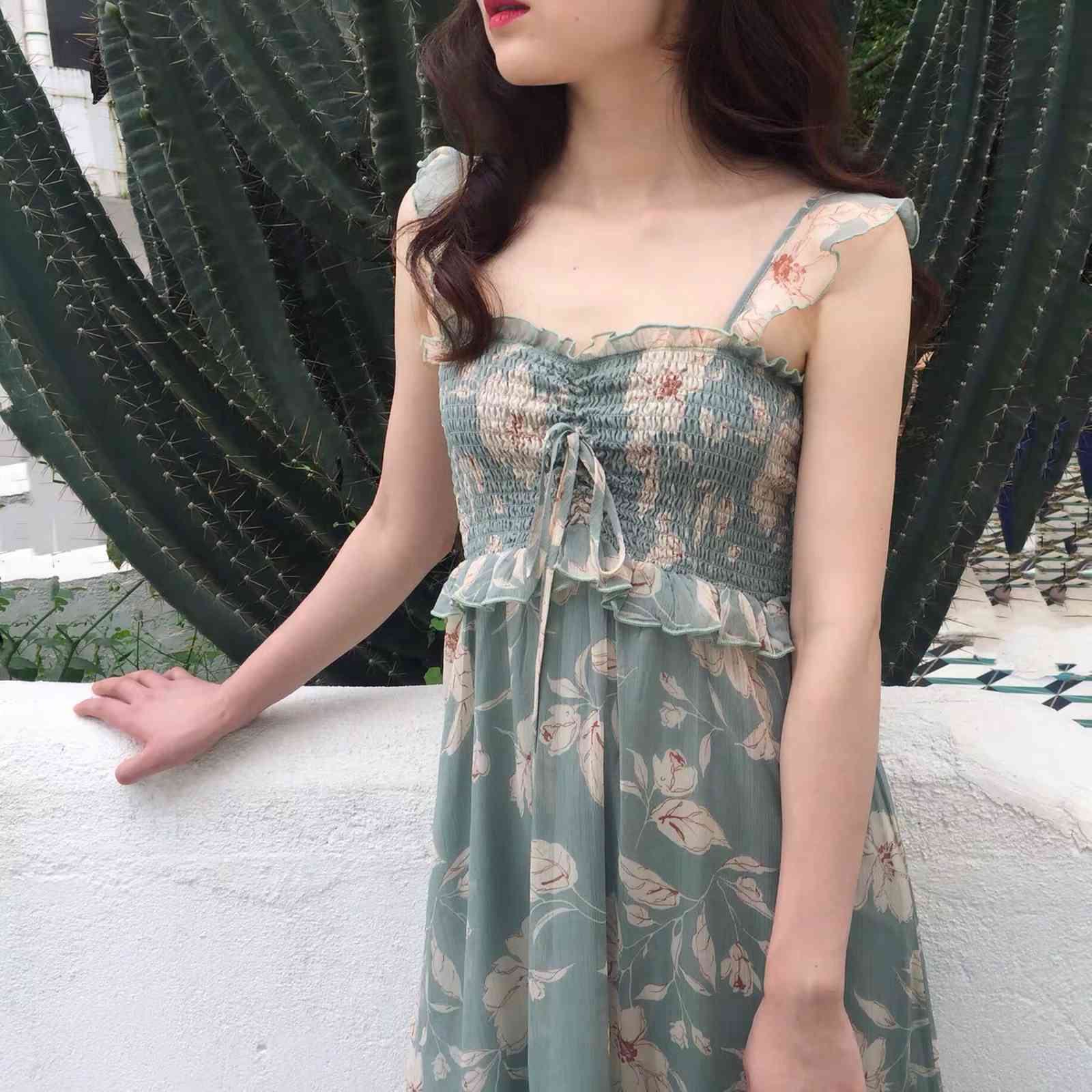 summer dress floral print spaghetii straps ruffles young style sweet beach green long 210421