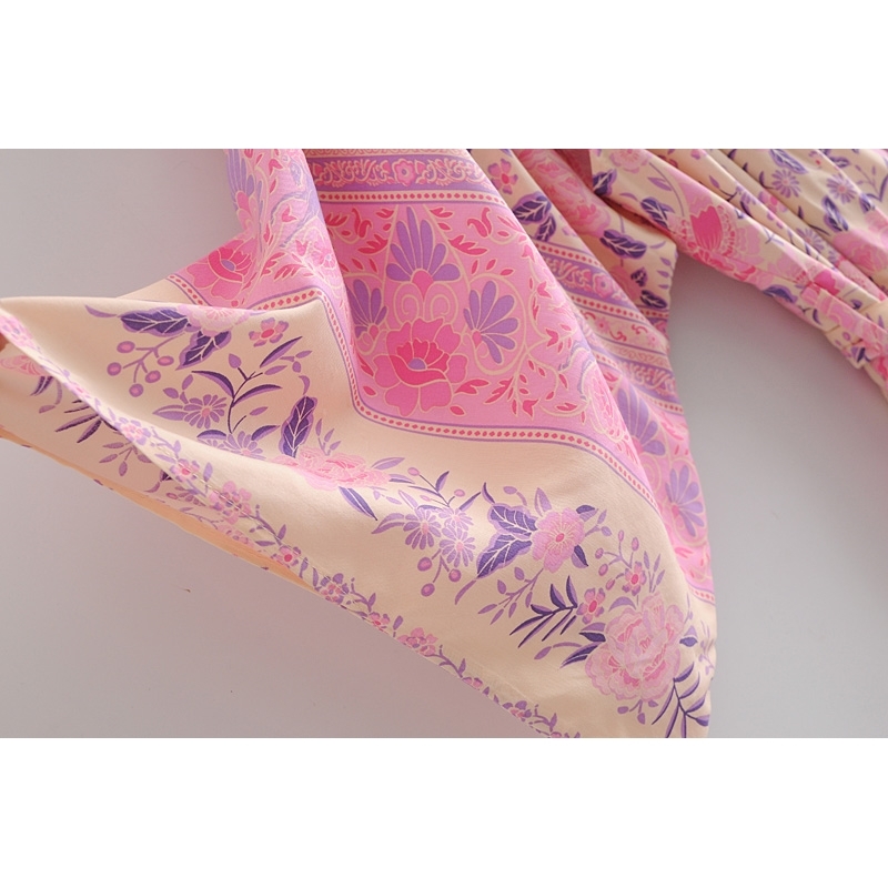 Bohemia V neck Pink Flower Print Maxi Long Kimono Cardigan Ethnic Women Tie Bow Sashes Shirt BOHO Loose Blouse Tops Holiday 210429