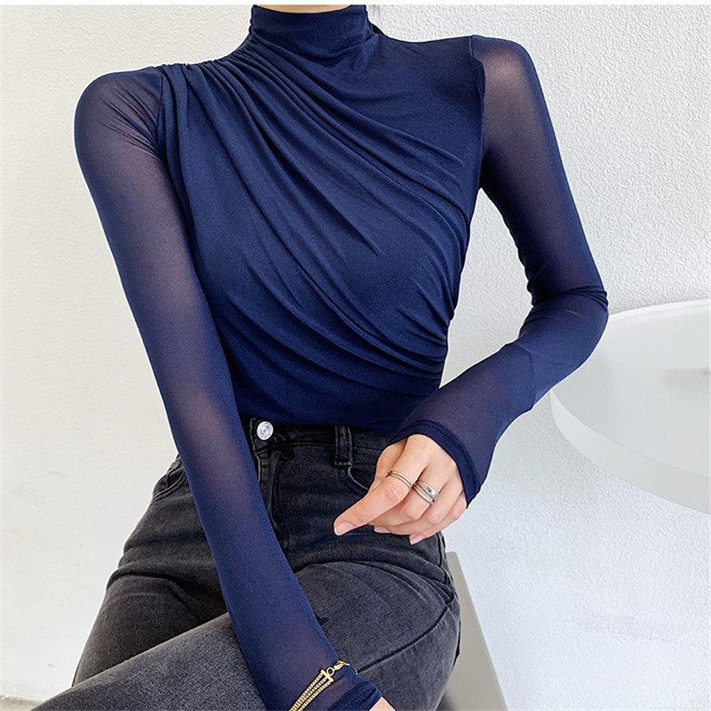 Turtleneck Solid Basic Women Autumn Pleated Brief Tops Full Sleeves Plus Size Female All Match Lace T-Shirts 210421