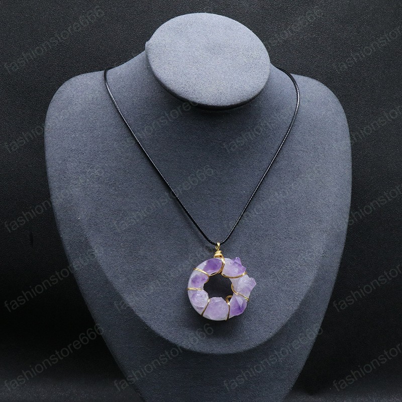 Wire Wrapped Natural Stone Amethyst Pendant Necklace 35mm Donut Pendant Irregular Healing Crystal Collar Necklaces for Women fashion jewelry