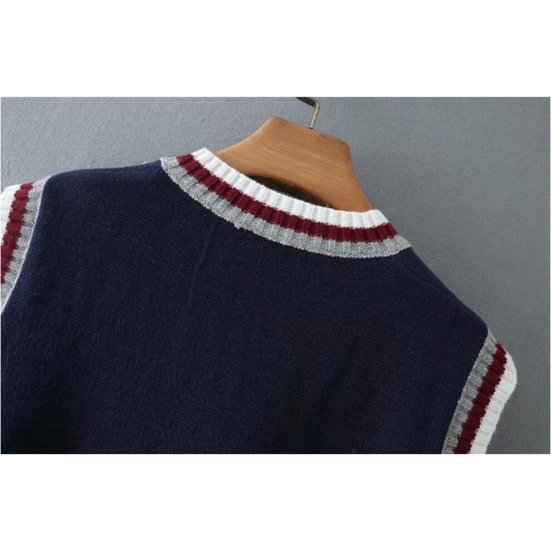 Preppy Style Navy Blue Knitted Sweater Vest Women 90's Vintage Korean Clothes Striped V Neck Tank Top Y2K Knitwear 210429