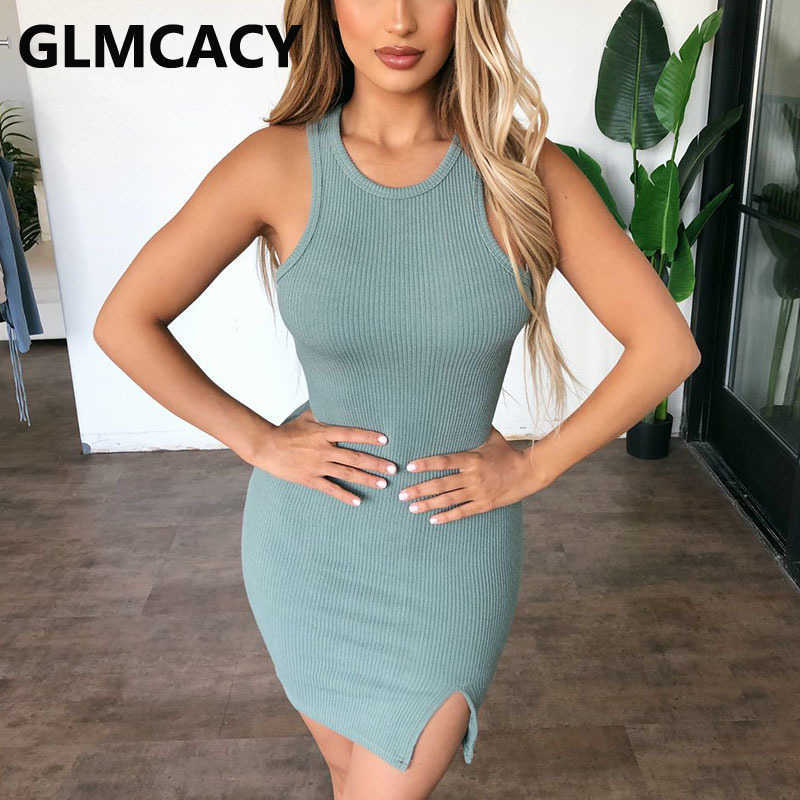 Women Sleeveless Slit Bodycon Casual Slim Fit Dress 210702