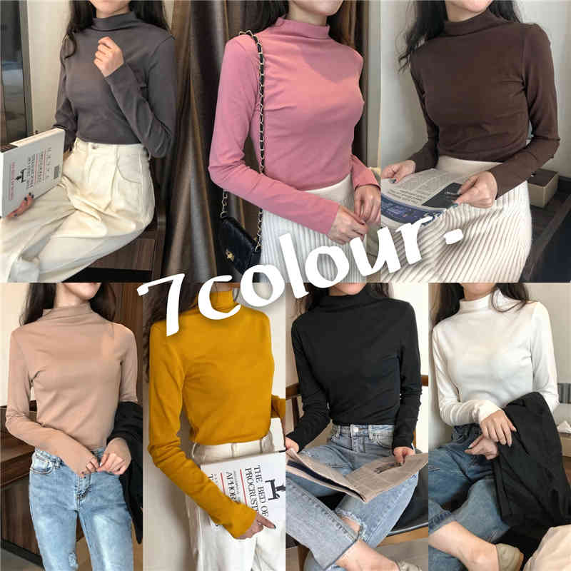 Spring Autumn Women T-Shirts solid Turtleneck Long Sleeve Tops Tees Ladies Winter Bottoming Shirts Basic Fall Female Tshirts 210514