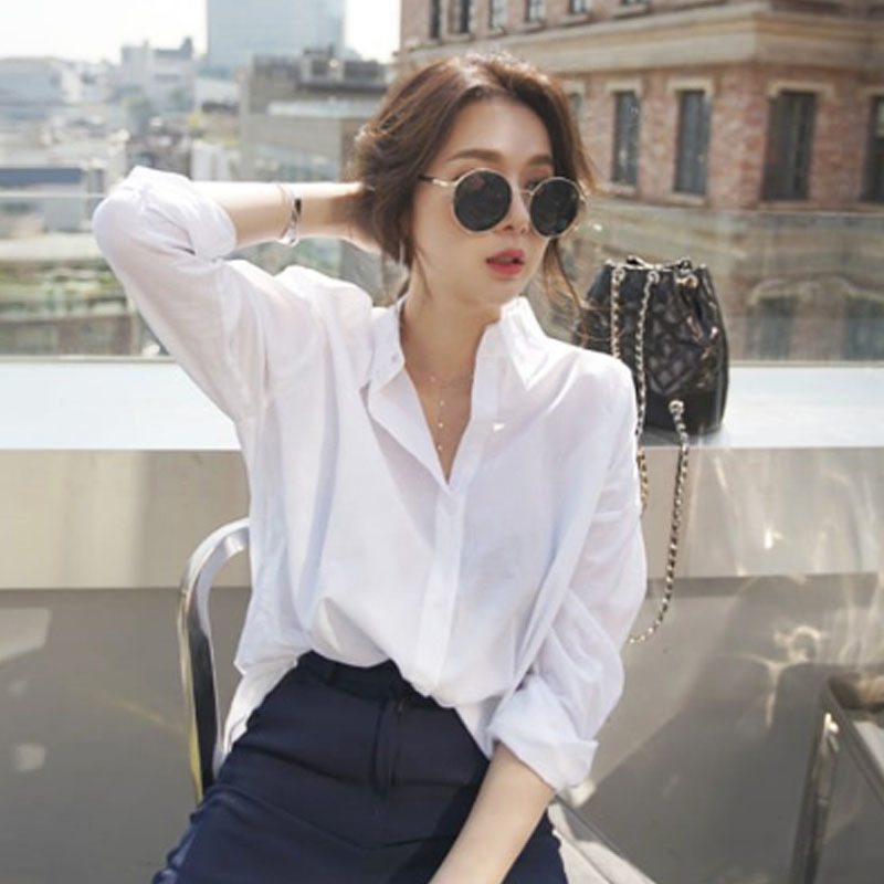 Autumn Korean White Shirt Simple Basic Long Sleeve Female Student Women Blouses Turn-down Collar Tops 6072 50 210506