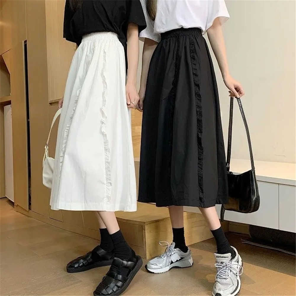 Sweet Japanese Ruffled Pleated Skirt Women High Waist BF Loose Casual Long Skirt Black White Summer Wild Student Streetwear 210619wtt