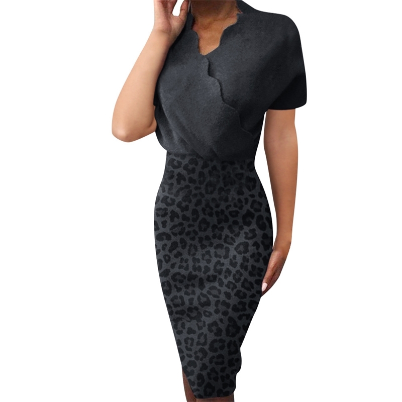 Women Summer Pencil Dress Elegant Ruffle V-Neck Short Sleeve Elastic Waist Leopard Print Slim Package Hips Party Vestidos 210526
