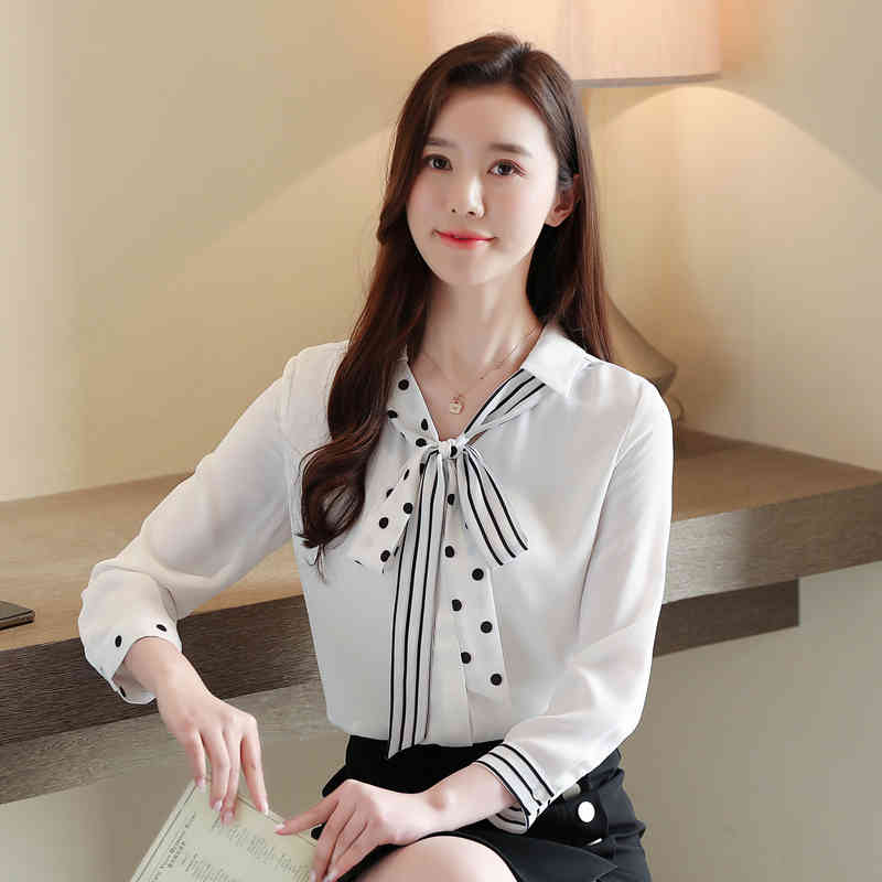 Spring Long Sleeve V-neck Elegant Chiffon Shirt Lace-up Polka Dot Women Tunic Ladies' Tops 8580 50 210427