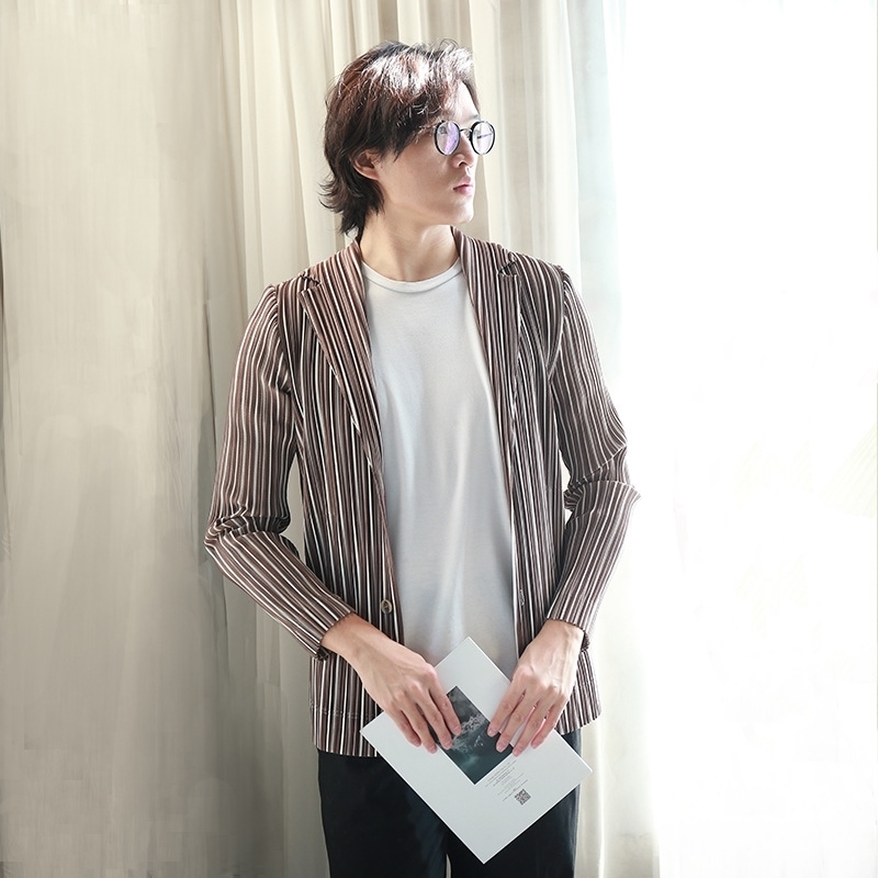 IEFB High Quality Pleated Men's Wear Stripe Suit Coat Fashion Elastic Soft Single Breasted Casual Fashion Blazer 9Y4892 210524