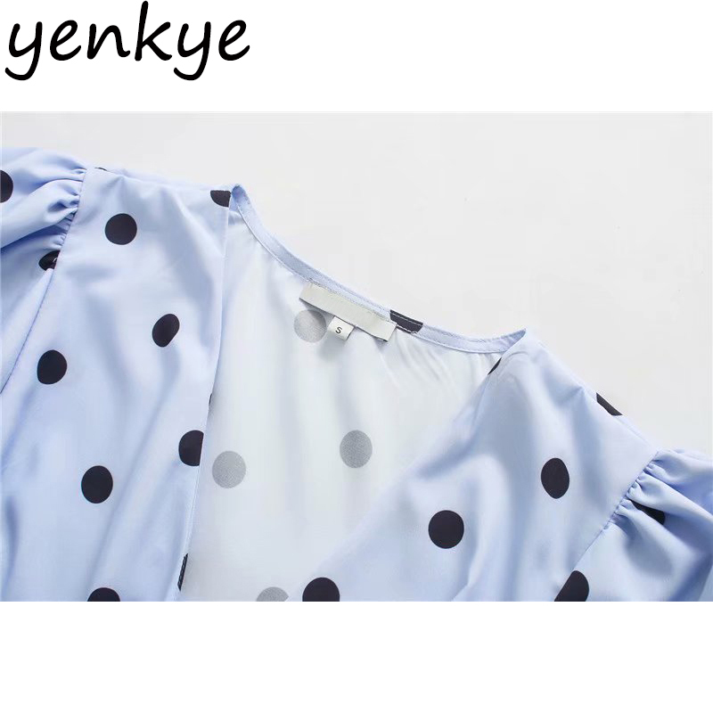 Sweet Summer Dress Women Vintage Polka Dot Wrap Dress Elegant Female V Neck Short Sleeve A-line Mini Ruffle Dress XNWM9509 210515