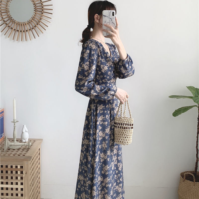 Fashion Spring Autumn Women Floral Printed Chiffon Maxi Dresses Female Long Sleeve V-neck Elegant Dress Mujer Vestidos 210514