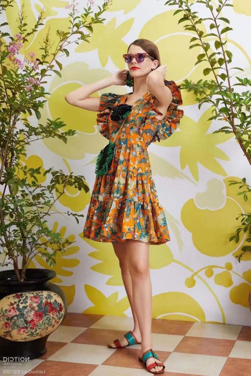 vintage ruffles v-neck summer chic dress women party casual daily clothing fashion mini dresses orange floralprinted 210421