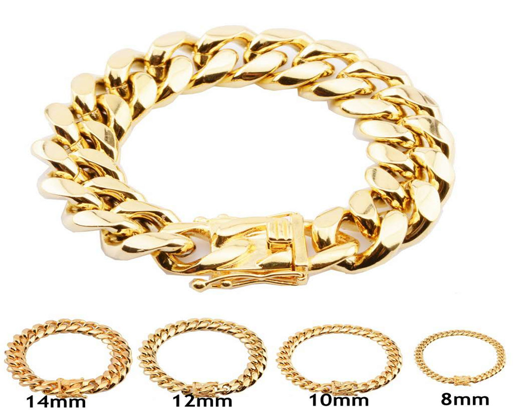 8mm10mm12mm14mm16mm18mm Mens 18K Gold Plated Stainless Steel Bracelets High Polished Miami Cuban Link Punk Curb Gold Bracelet