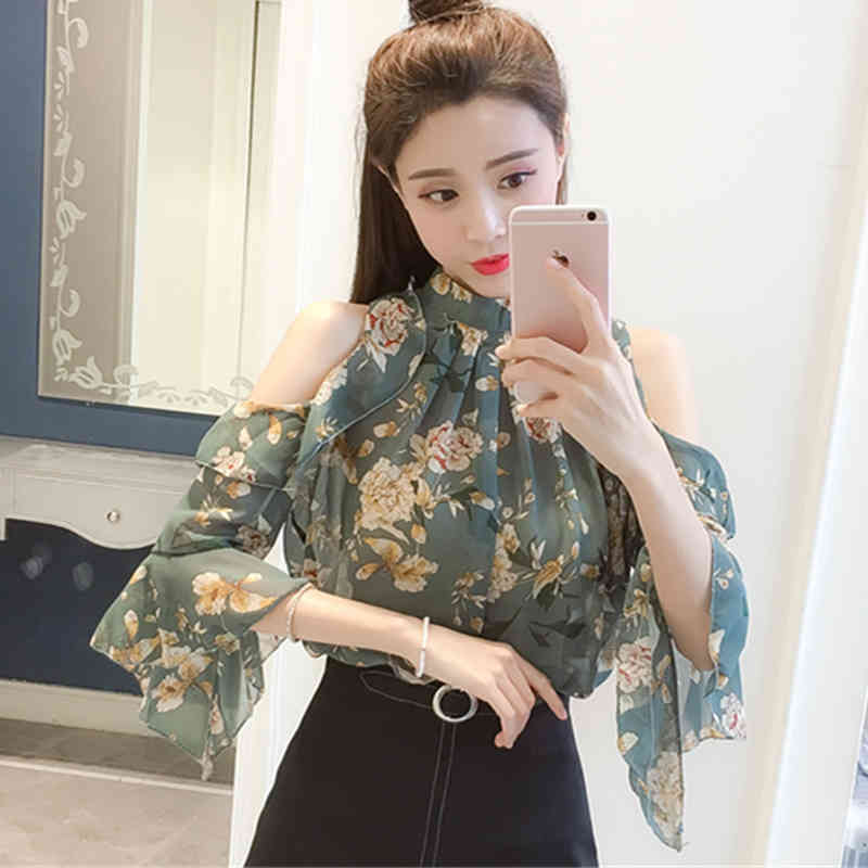 Summer Short-Sleeve Chiffon Shirt Women Casual Floral Pullover Blouse Print Green Pink Lady Off Shoulder Tops 9374 50 210508