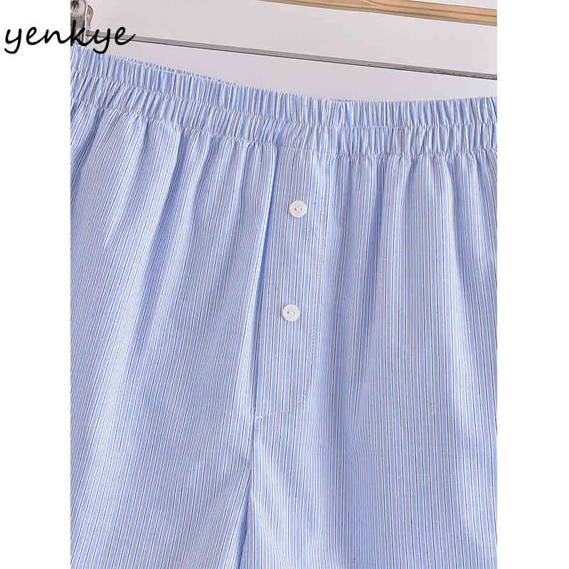 Light Blue Striped Shorts Women Elastic High Waist Casual Short Femme Summer pantalones cortos de mujer 210430