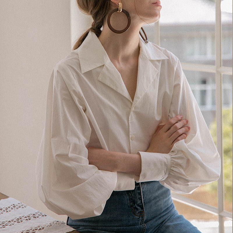 Loose Vintage White Shirt female Blouse Shirts Turn Down collar Lantern Long Sleeve Harajuku Female Elegant top 316F 210420