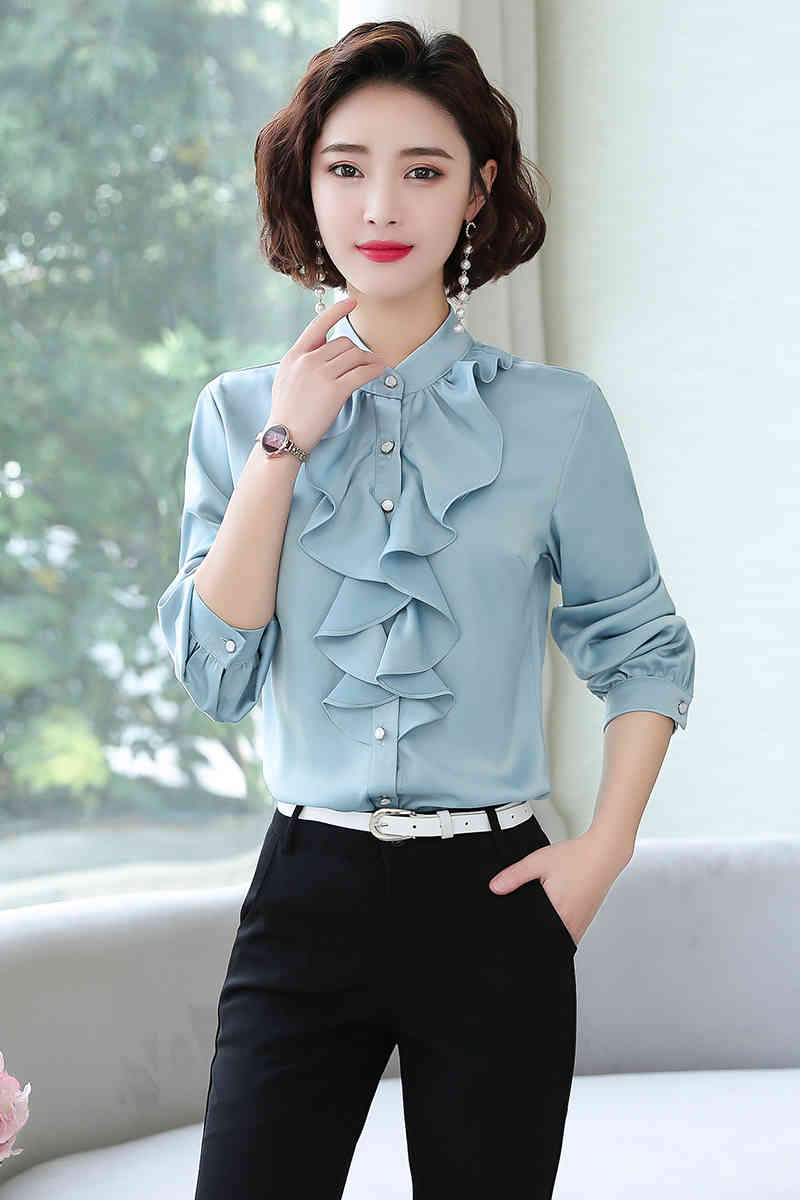 Women White Silver Tops Blouses Long Sleeve Womens Work Ruffle Shirts Stand Collar Slim Waist Office Ladies Camisa 2032A 210420