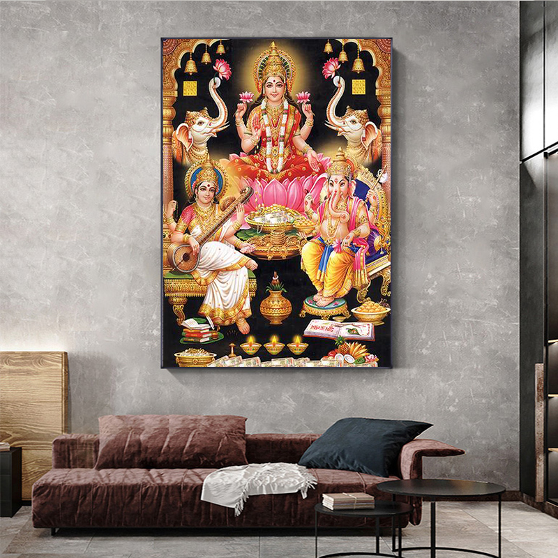 Hindu Gods Lord Ganesha Krishna (Ganesha Krishna) Canvas Posters and Prints Mural Art Hindu Living Room Decoration Painting