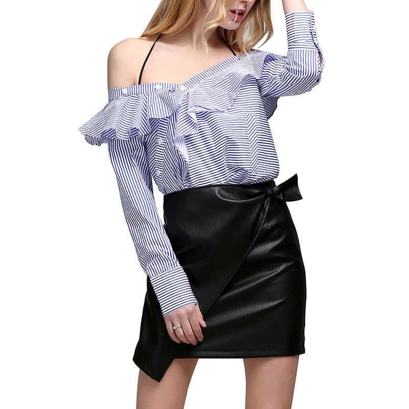 Spring Irregular Silm Blouses for Women Chic Backless Stripe Long Sleeve Shirts Fashion Ruffles Patchwork Female Tops 210525