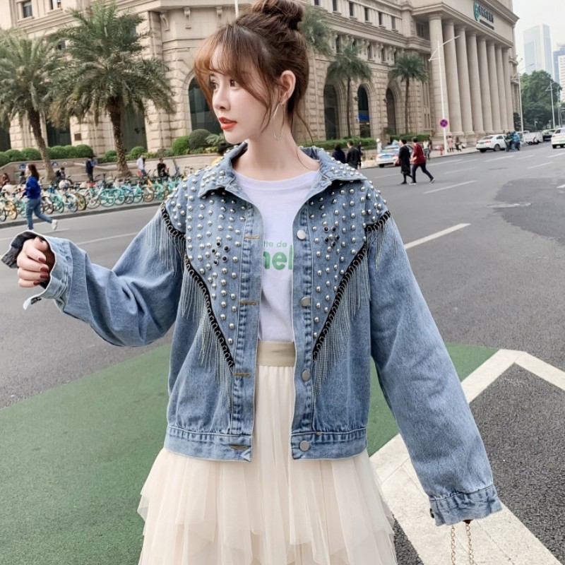 Spring Autumn Streetwear Denim Jacket Women Hand-studded Rivet Tassel Chain Short Jeans Jacket Loose Casual Outerwear 210518