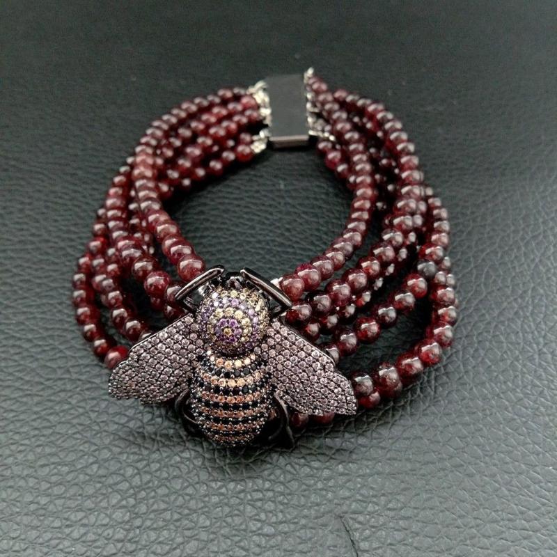 8" 6 Rows Natural Round Garnet Bracelet Cz Pave Bee Connector Beaded, Strands, Black
8" 6 Rows Natural Round Garnet Bracelet Cz Pave Bee Connector Beaded, Strands, Black