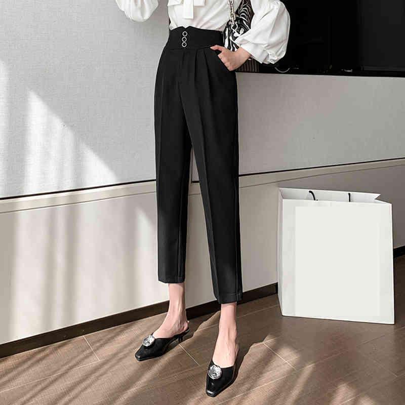 Office Lady Solid Casual Suit Spring Autumn Workwear Straight High Waist Trousers Korean Harem Capris Pants B11323P 210416