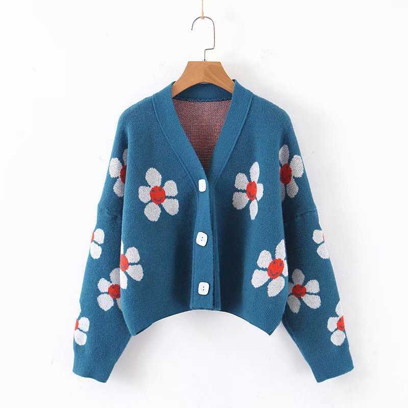 H.SA Winter Arrivals Women Floral Cardigans V Neck Button Up Black Cardigans Cashmere Sweater Sweet Floral Coat 210716
